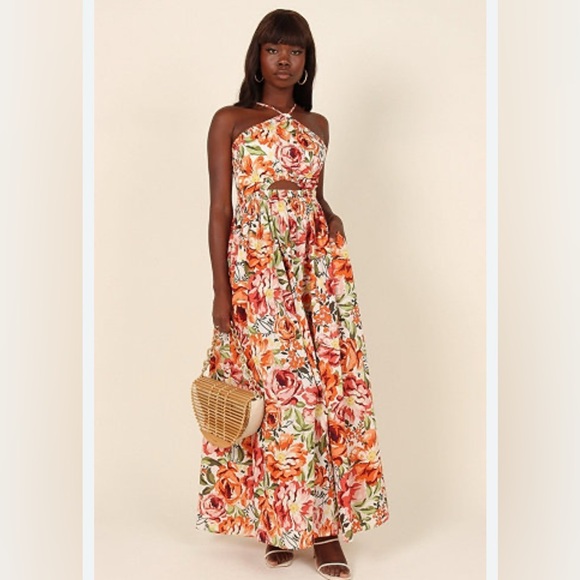 Petal & Pup Dresses & Skirts - Petal & Pup Madeira Floral Maxi Dress Sz S Feminine Halter Pockets Boho Coquette